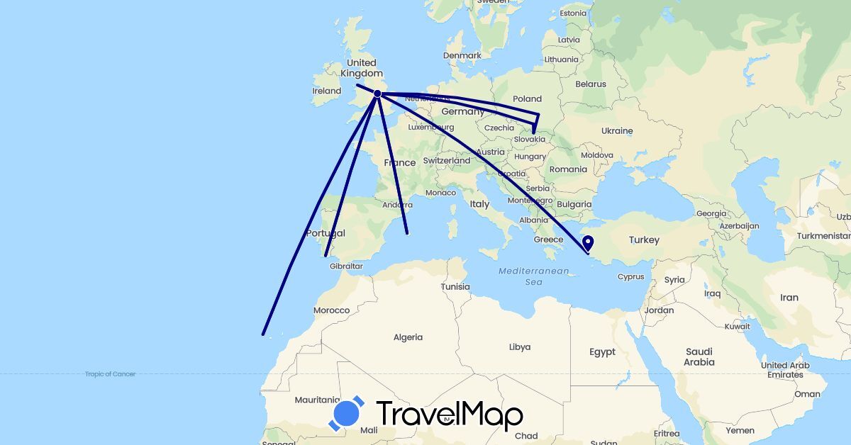 TravelMap itinerary: driving in Spain, United Kingdom, Poland, Portugal, Turkey (Asia, Europe)
